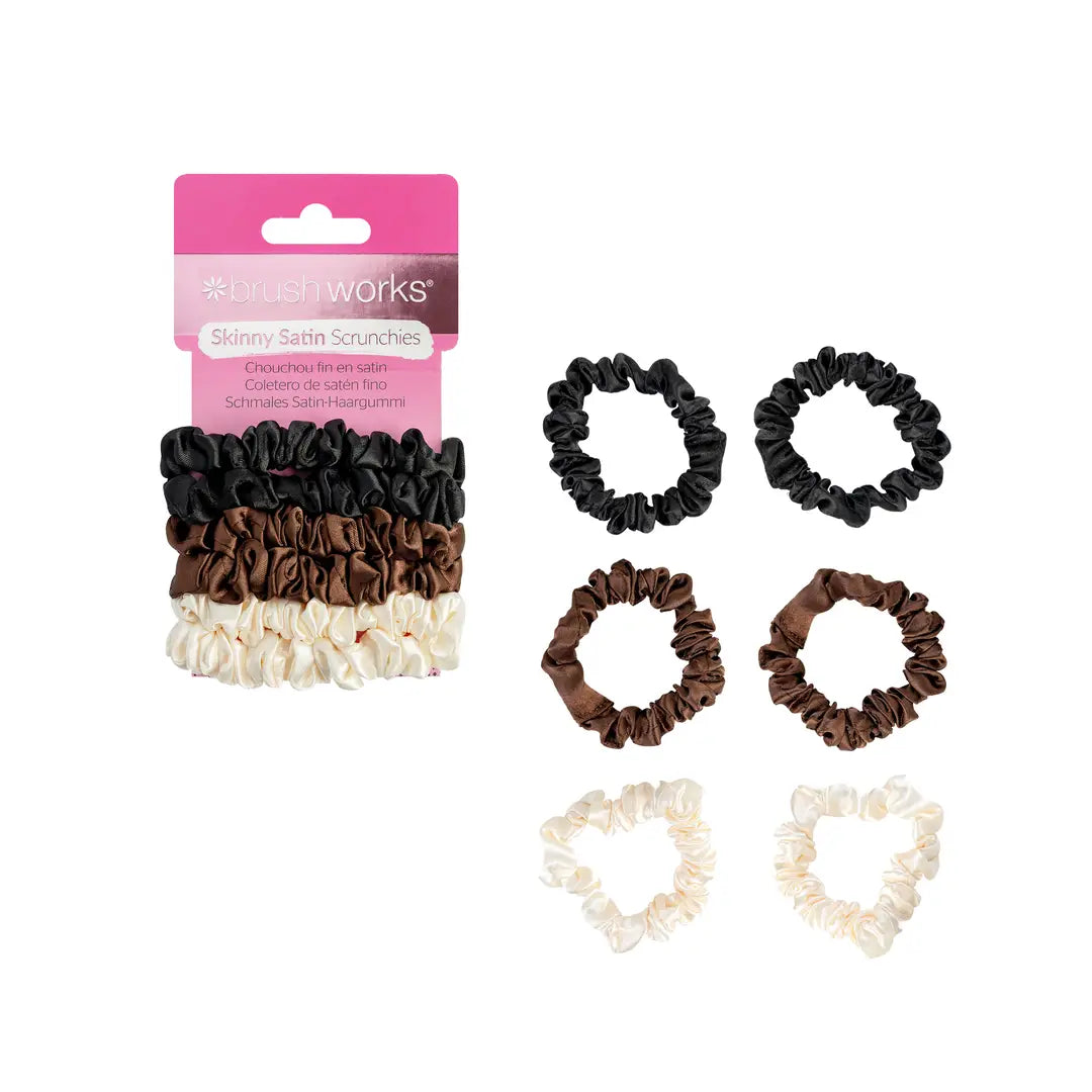 Brushworks Skinny Satin Scrunchies - 6 Pack